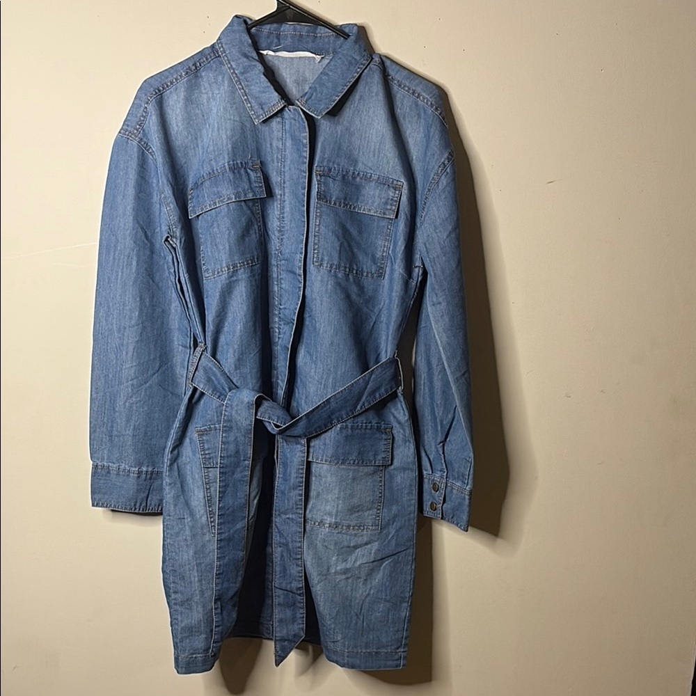 Light Blue Denim Shirt Dress with Waist Tie